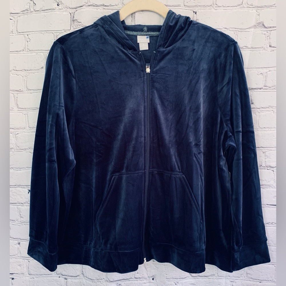 Chico's Zenergy Classic Navy Blue Hoodie Velour Jacket